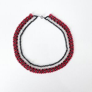 Handmade Women's Ukrainian Floral Beaded Choker Necklace Red Black Silver